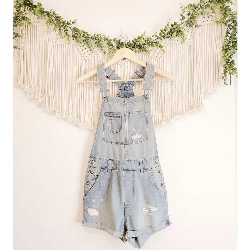 H&M Blue Distressed Relaxed Overall Shortalls sz 2